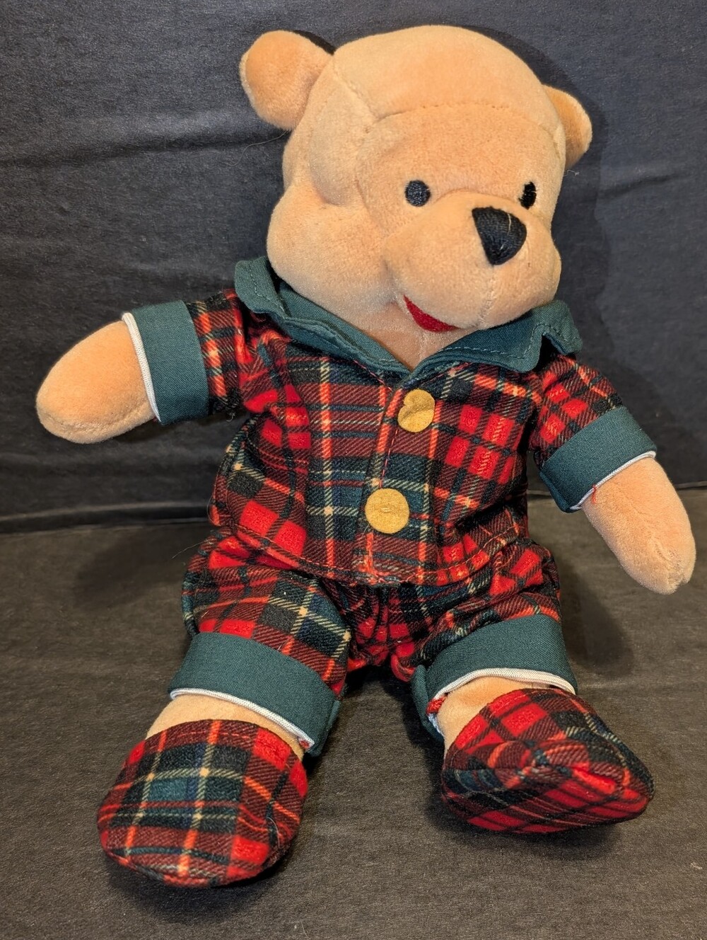 Vintage Pooh Plush Bear in Red & Green Plaid Pajamas - Kids Toy So Adorable